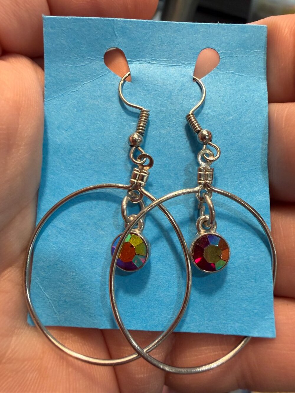 ✨ Rainbow Aurora Borealis Hoop Earrings: Silver-Tone Geometric Crystal Drops